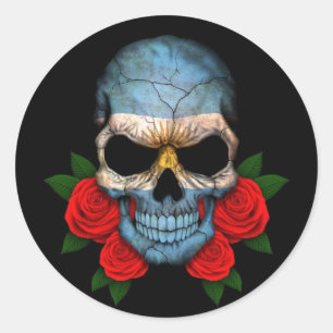 Argentinian Flag Skull with Red Roses Classic Round Sticker