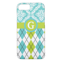 Argyle and damask pattern green, aqua monogram