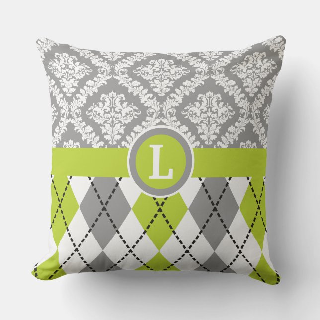 Argyle and damask pattern green, grey monogram cushion (Front)