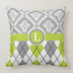 Argyle and damask pattern green, grey monogram cushion