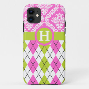 Argyle and damask pattern green, pink monogram Case-Mate iPhone case