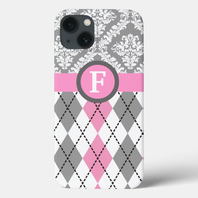 Argyle and damask pattern pink, grey monogram Case-Mate iPhone case (Back)