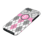 Argyle and damask pattern pink, grey monogram