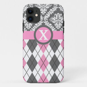 Argyle and damask pattern pink, yellow monogram Case-Mate iPhone case