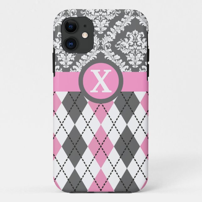 Argyle and damask pattern pink, yellow monogram Case-Mate iPhone case (Back)