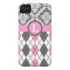 Argyle and damask pattern pink, yellow monogram