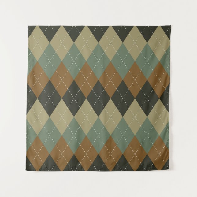 Argyle Autumn: Brown-Green Rhombus Chic Tapestry (Front)