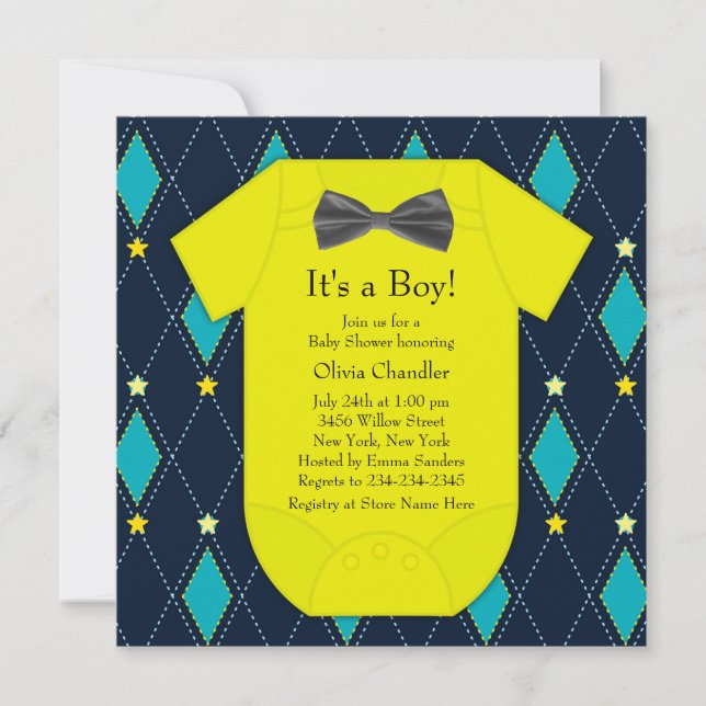Argyle Blue Yellow Baby Boy Shower Invitation (Front)