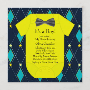 Argyle Blue Yellow Baby Boy Shower Invitation