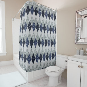 Argyle Blues Silver Shimmer Faux Glitter Shower Curtain