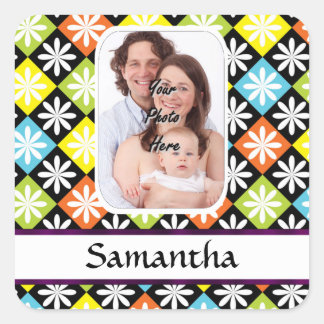 Argyle daisy pattern square sticker