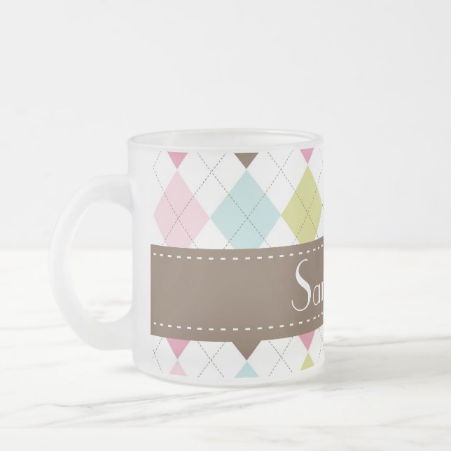 Argyle Diamond Stitch Frosted Glass Coffee Mug Cup (Left)