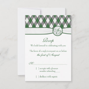 Argyle Golfball Golf Green Monogram Wedding RSVP Card