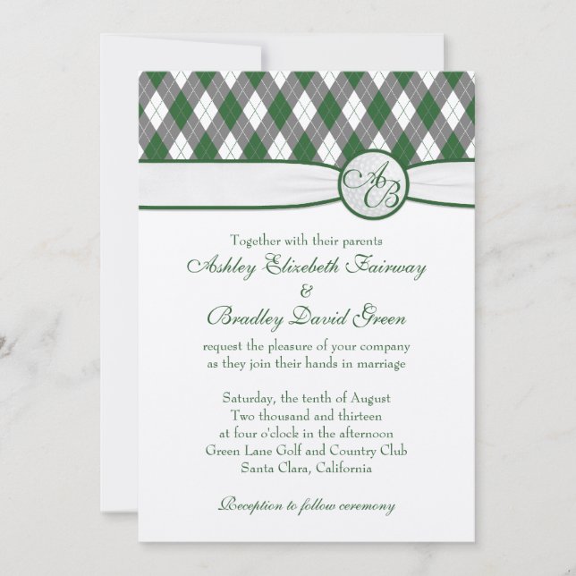 Argyle Golfball Golfing Green Monogram Wedding Invitation (Front)