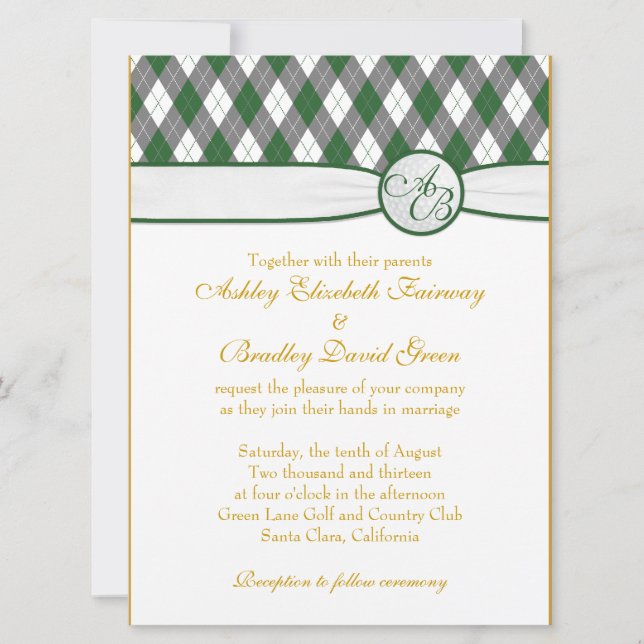 Argyle Golfball Golfing Green Monogram Wedding Invitation (Front)