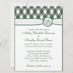 Argyle Golfball Golfing Green Monogram Wedding Invitation