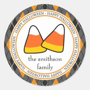 Argyle Happy Halloween Candy Corn (Black / Orange) Classic Round Sticker