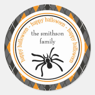 Argyle Happy Halloween Spider (Black / Orange) Classic Round Sticker