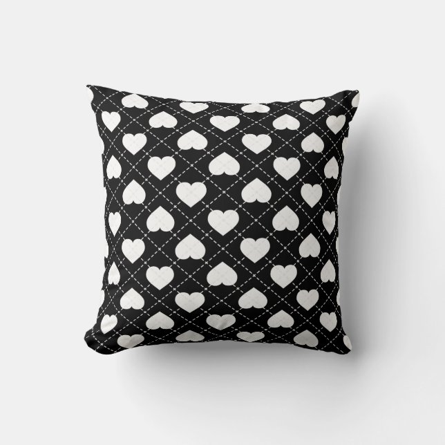 Argyle Hearts: White Hearts on Black Cushion (Front)