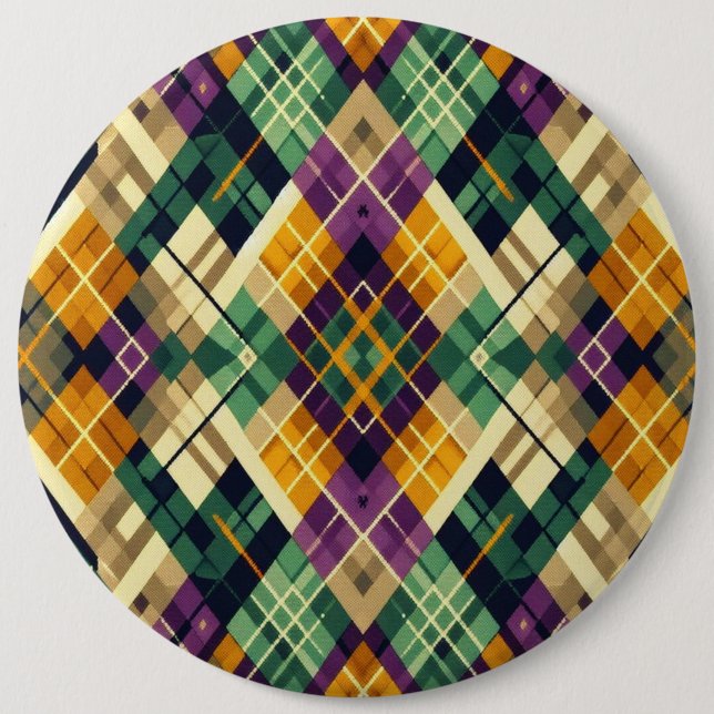 Argyle Mardi Gras yellow purple green 6 Cm Round Badge (Front)