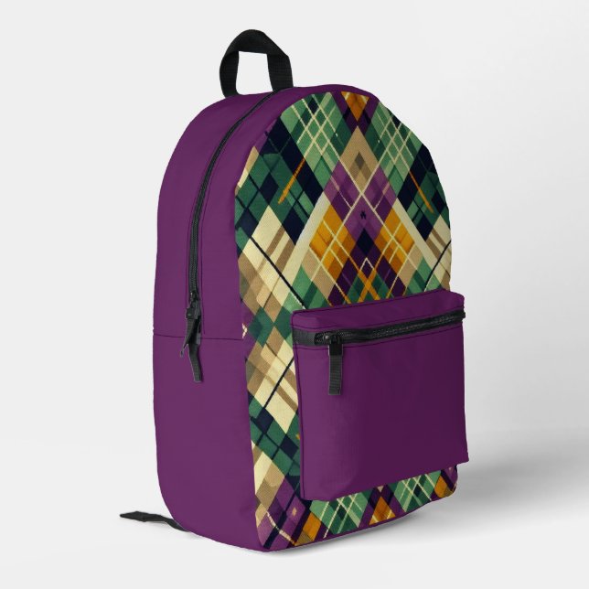 Argyle Mardi Gras yellow purple green Printed Backpack (Back Corner Left)