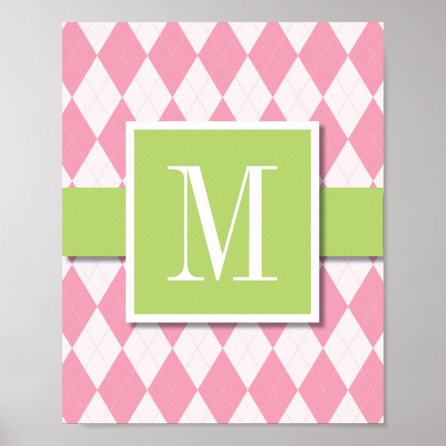 Argyle Monogram Wall Art, Pink & Lime Poster (Front)