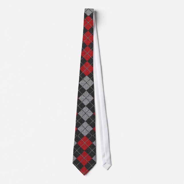 Argyle Necktie In Black, Red, And Grey (Front)