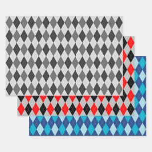 Argyle Pattern Gray Red and Blue Wrapping Paper Sheet