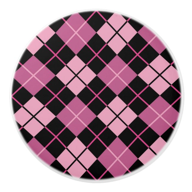 Argyle Pattern in Black and Pink Ceramic Knob (Front)