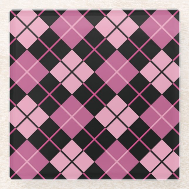 Argyle Pattern in Black and Pink Glass Coaster (Front)