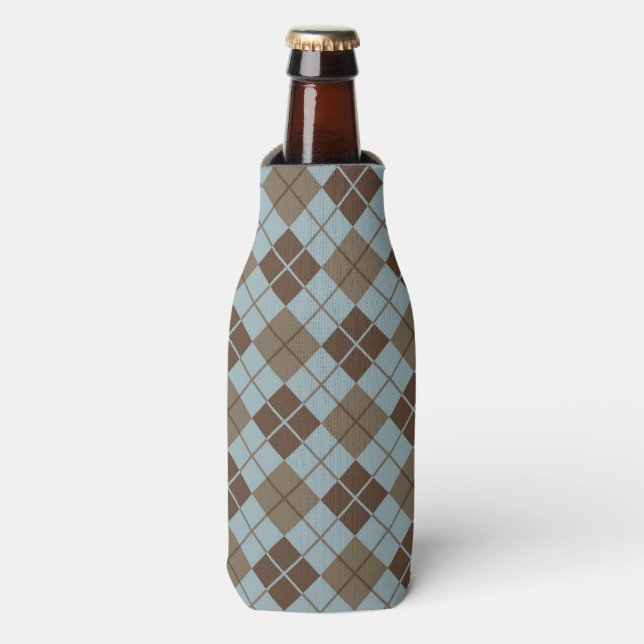 Argyle Pattern in Blue and Taupe Bottle Cooler (Bottle Front)