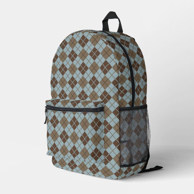 Argyle Pattern in Blue and Taupe Printed Backpack (Back Corner Right)