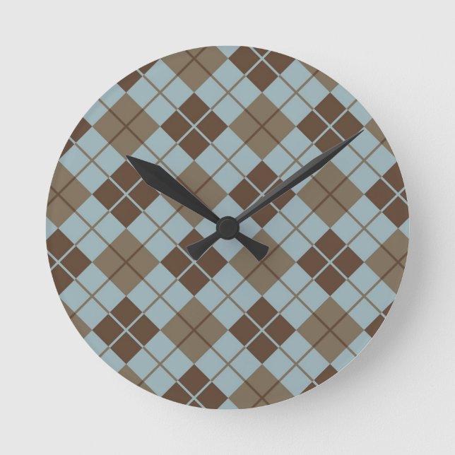 Argyle Pattern in Blue and Taupe Round Clock (Front)