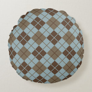 Argyle Pattern in Blue and Taupe Round Cushion