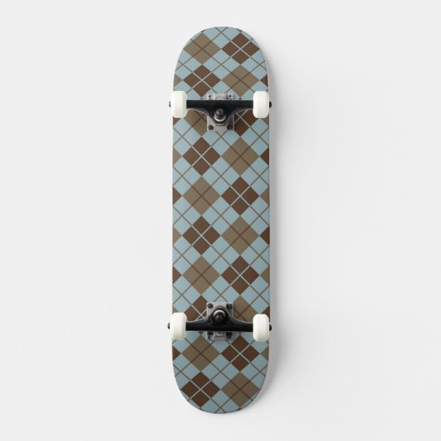 Argyle Pattern in Blue and Taupe Skateboard (Front)