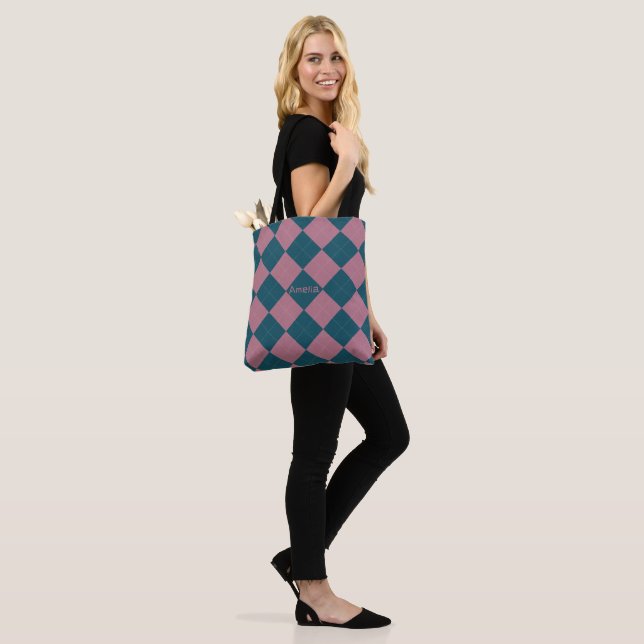  Argyle pattern name ocean blue pink tote bag (On Model)