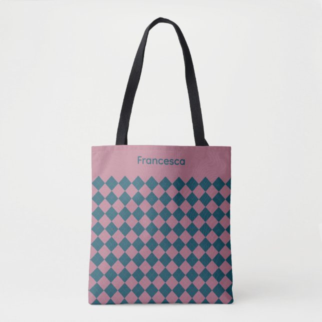  Argyle pattern ocean blue pink name tote bag (Front)