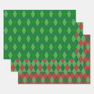 Argyle Pattern Red and Green Wrapping Paper Sheet