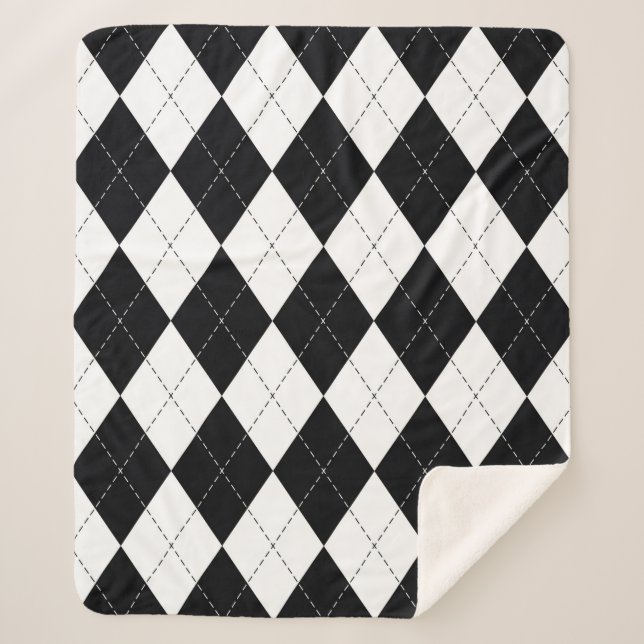 Argyle pattern seamless in black and white. Geomet Sherpa Blanket (Front)