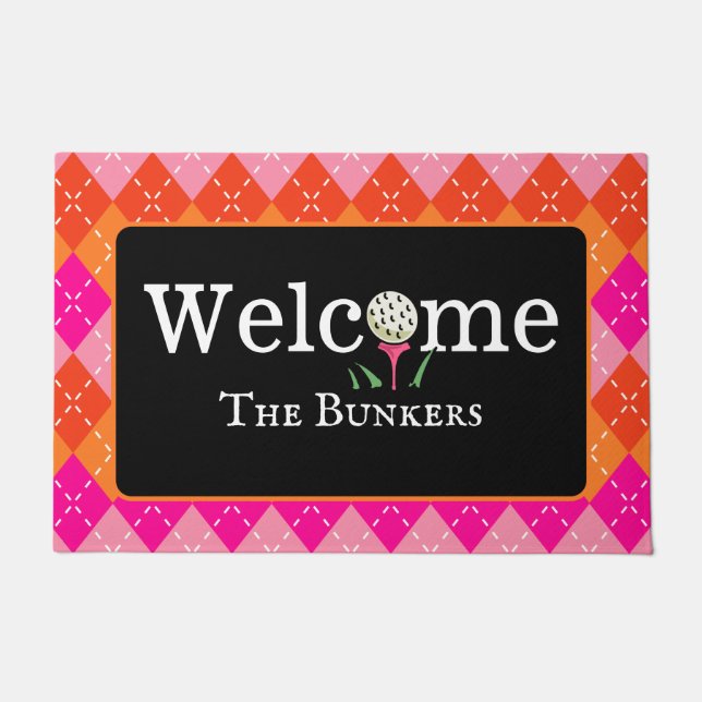 Argyle Pink and Orange Golf Welcome Entry Doormat (Front)