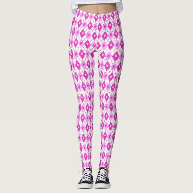 Argyle Pink Diamonds Hearts Pattern Leggings (Front)