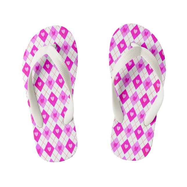 Argyle Pink Diamonds Hearts Pattern Leggings Kid's Jandals (Footbed)