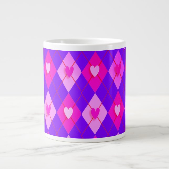 Argyle Pink Diamonds Hearts Pattern Leggings Large Coffee Mug (Front)