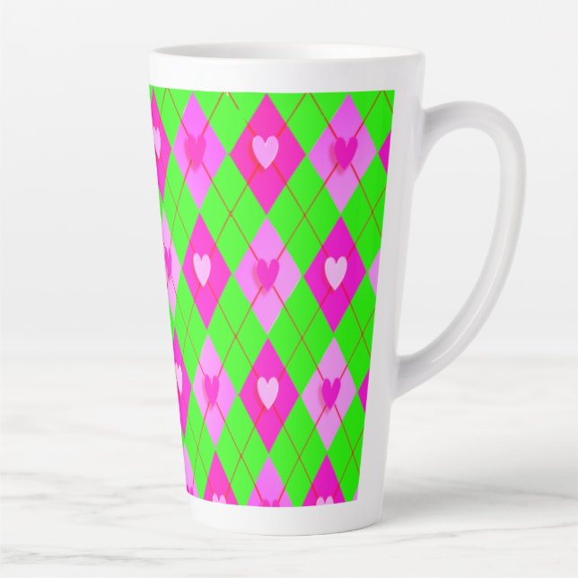 Argyle Pink Diamonds Hearts Pattern Leggings Latte Mug (Right)