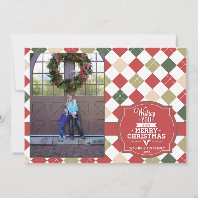 Argyle plaid Christmas holiday photo card (Front)