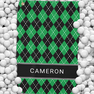 Argyle Plaid Create Custom Name  Black Green Golf Towel