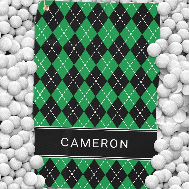 Argyle Plaid Create Custom Name  Black Green Golf Towel (Argyle Plaid Create Custom Name Black Green Golf Towel)