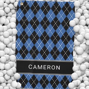 Argyle Plaid Custom Create Name Black Blue Golf Towel