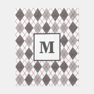 Argyle Plaid Red Grey Silver Custom Monogram Fleece Blanket