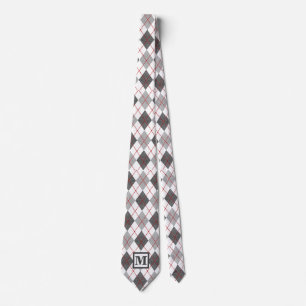 Argyle Plaid Red Grey Silver Custom Monogram Tie